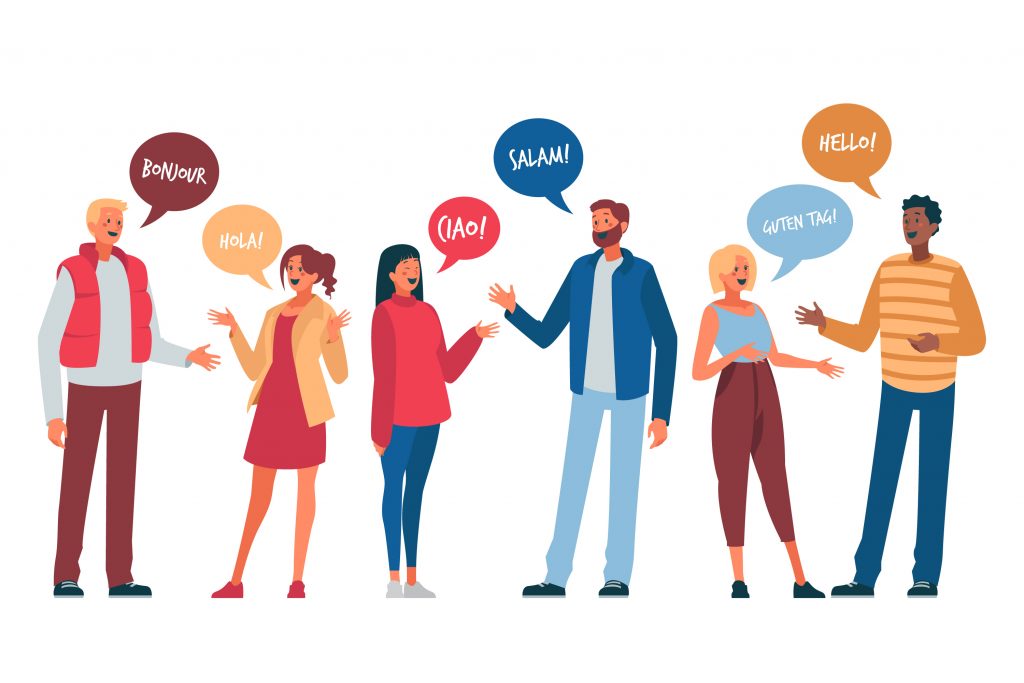 Illustration of multiple people talking in different languages representing language translation